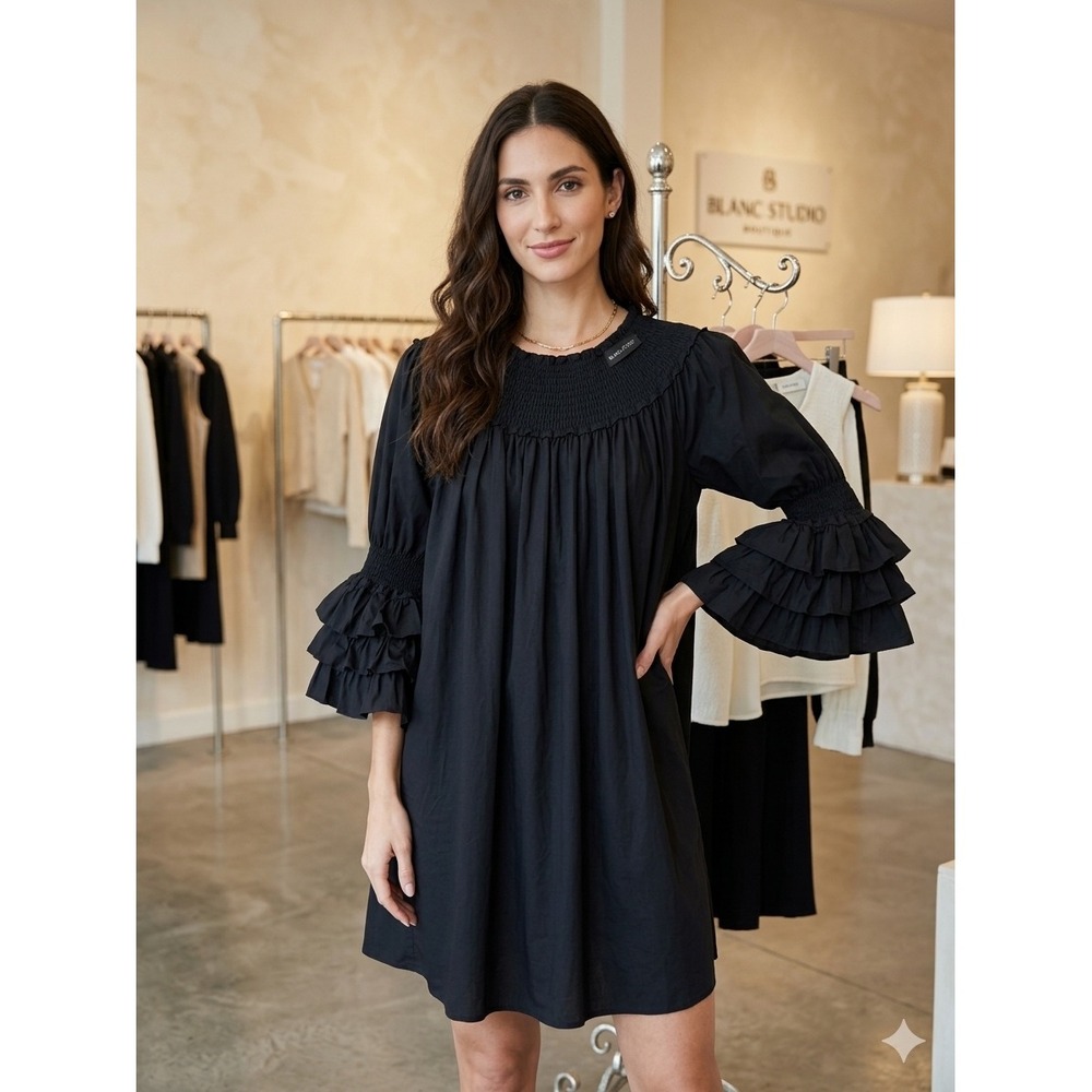 Blanc Studio Babydoll Dress‎ Womens Black Smocked Tiered Ruffle Sleeve Mini